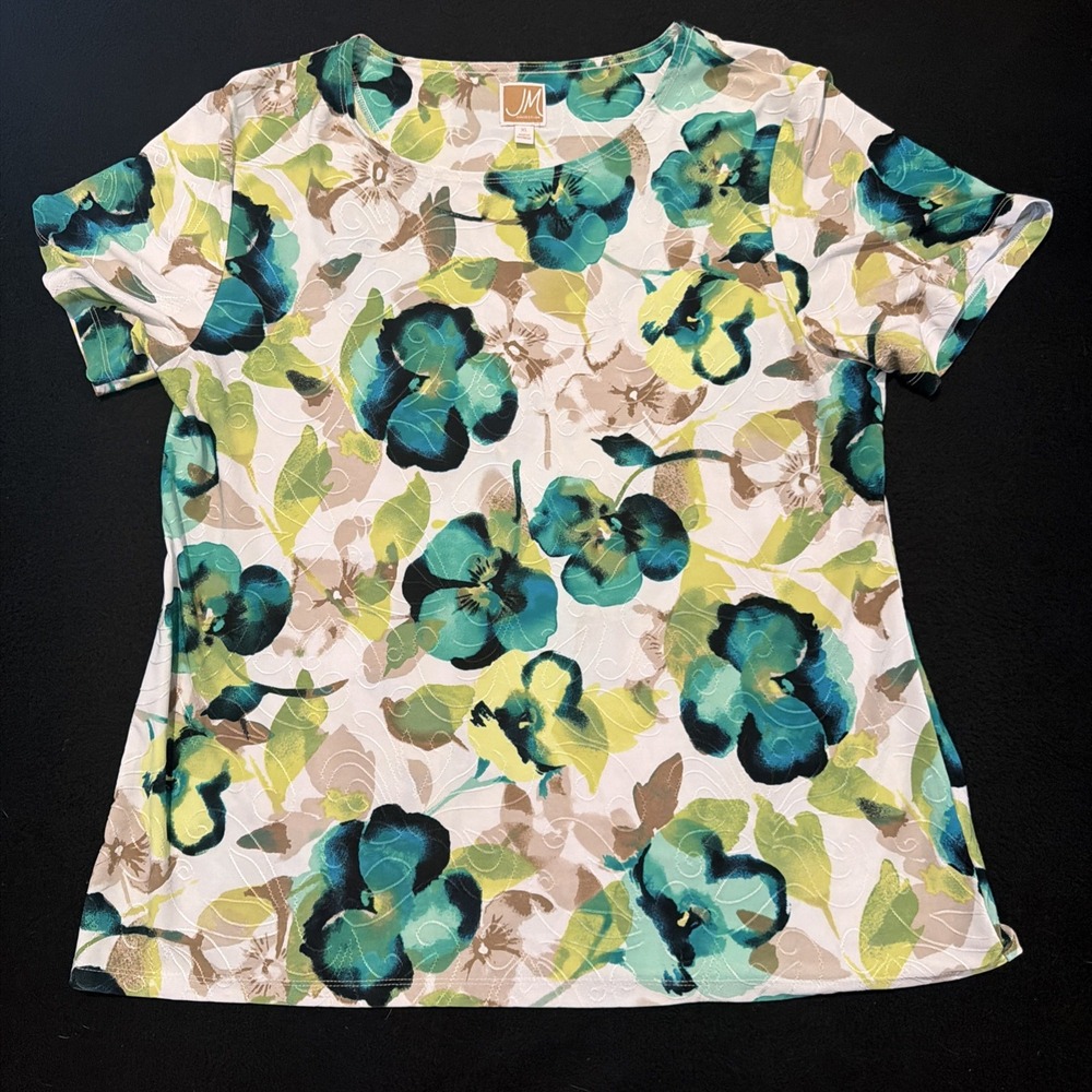 JM Collection Green & White Floral Short Sleeve Top Women's Size XL